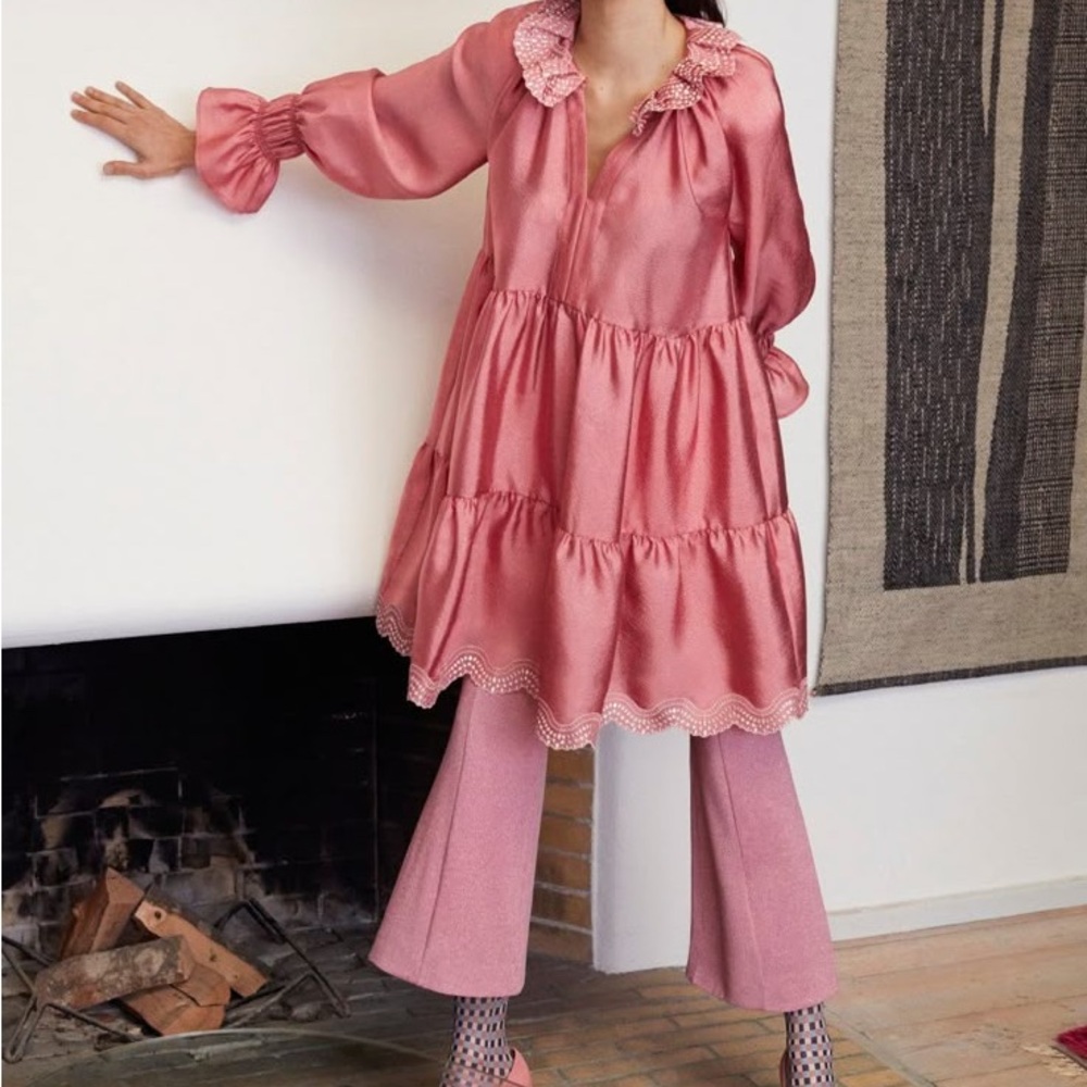 Stine Goya Daki Tiered Long Sleeve Hammered Satin Ruffle Dress Medium - Picture 11 of 11